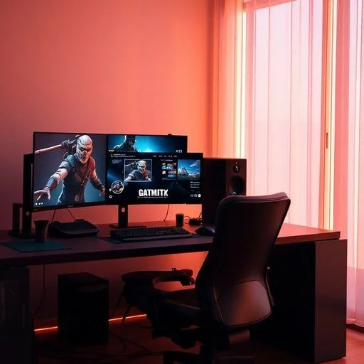 A close-up, high-tech development workstation, featuring multiple glowing monitors displaying complex code (stylized Fira Code), 3D game assets, and intricate network diagrams. Keyboards and mice glow with Cyber Teal accents. The environment is dark and focused, hinting at intense creative and technical work, with no human presence.